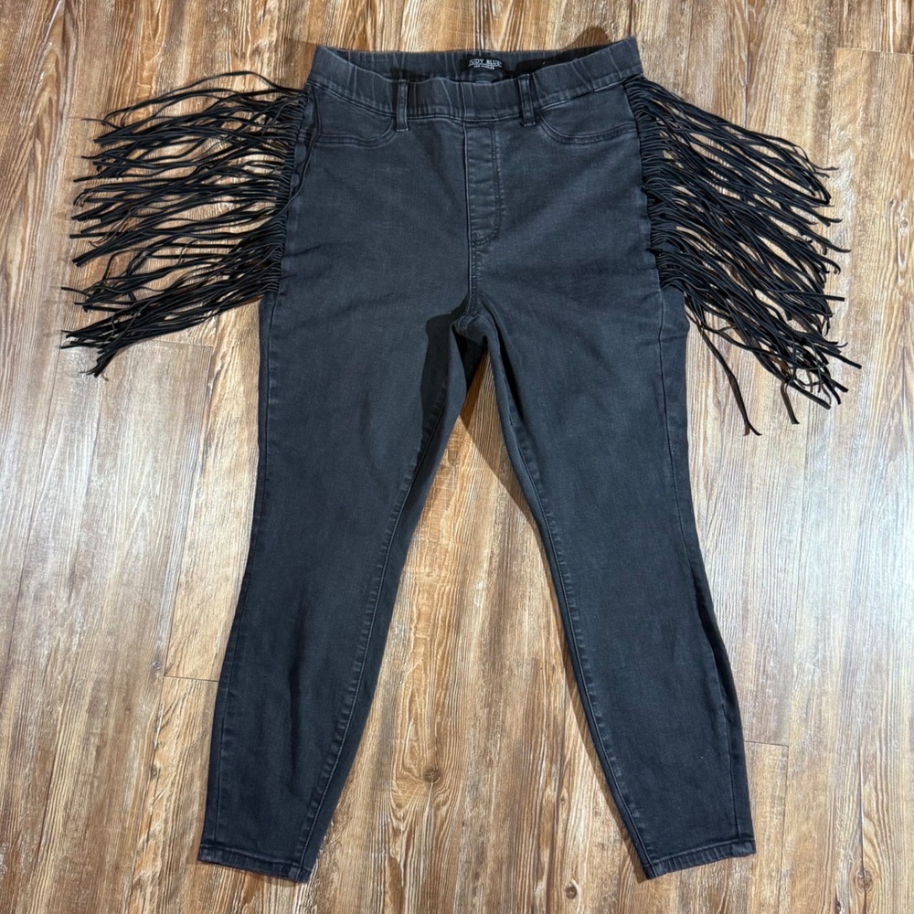 Judy Blue Black Fringe Skinny Jeans High Rise Pull On Western Comfy Womens 14 W